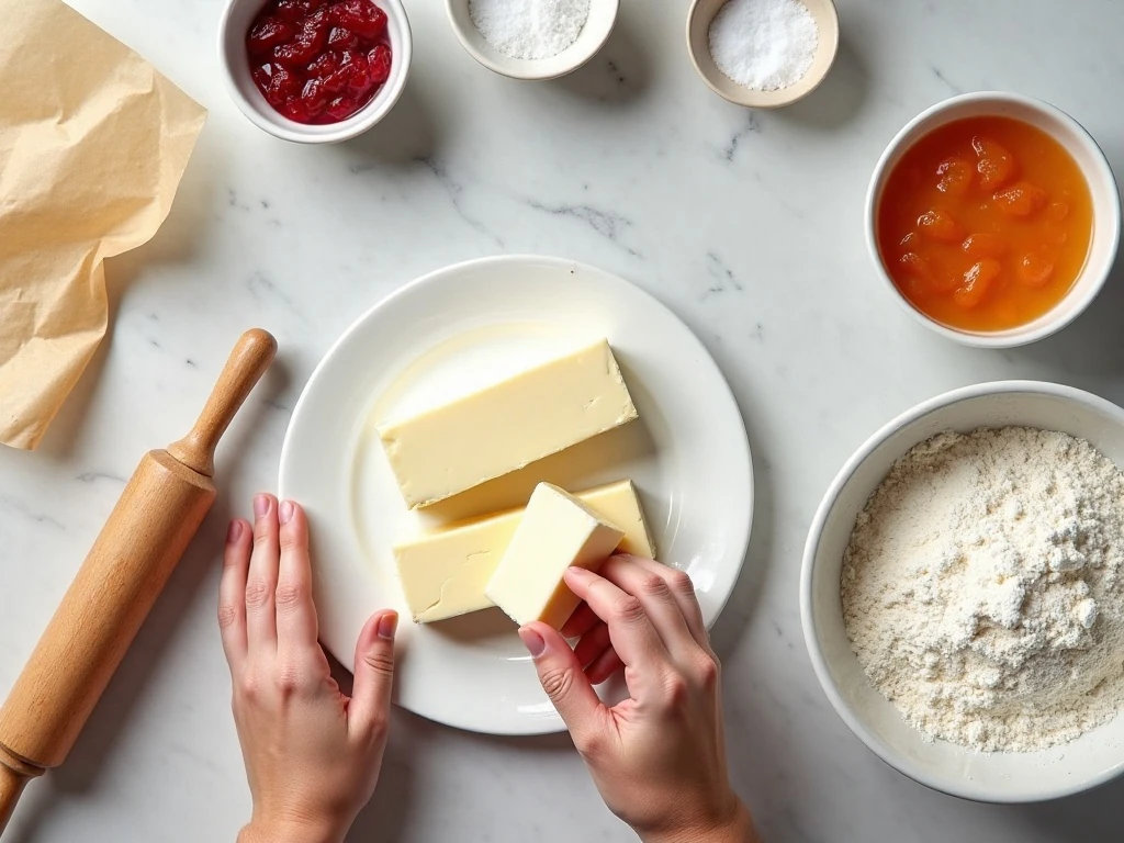 Ingredients for cream cheese Roczki cookies and fruit-filled kolacky