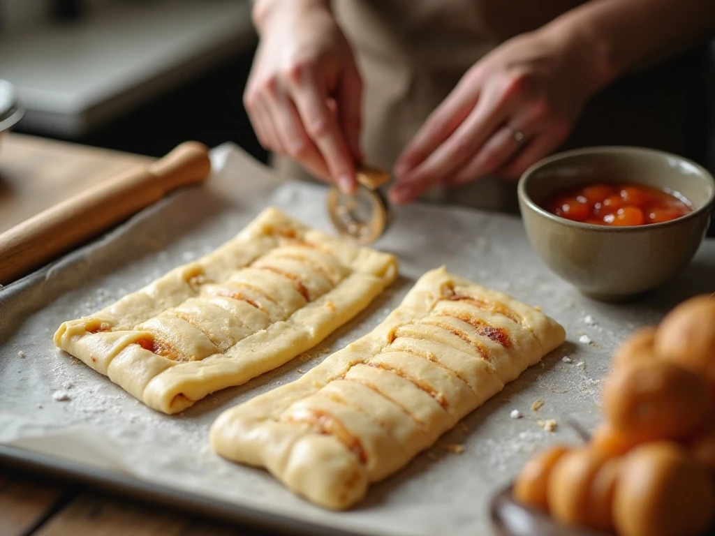 Preparing dough squares and filling for traditional Roczki cookies