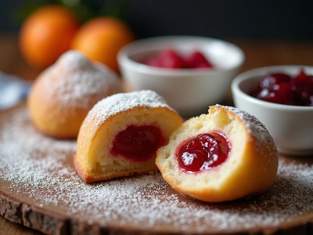 Close-up of fruit fillings inside powdered sugar Roczki cookies