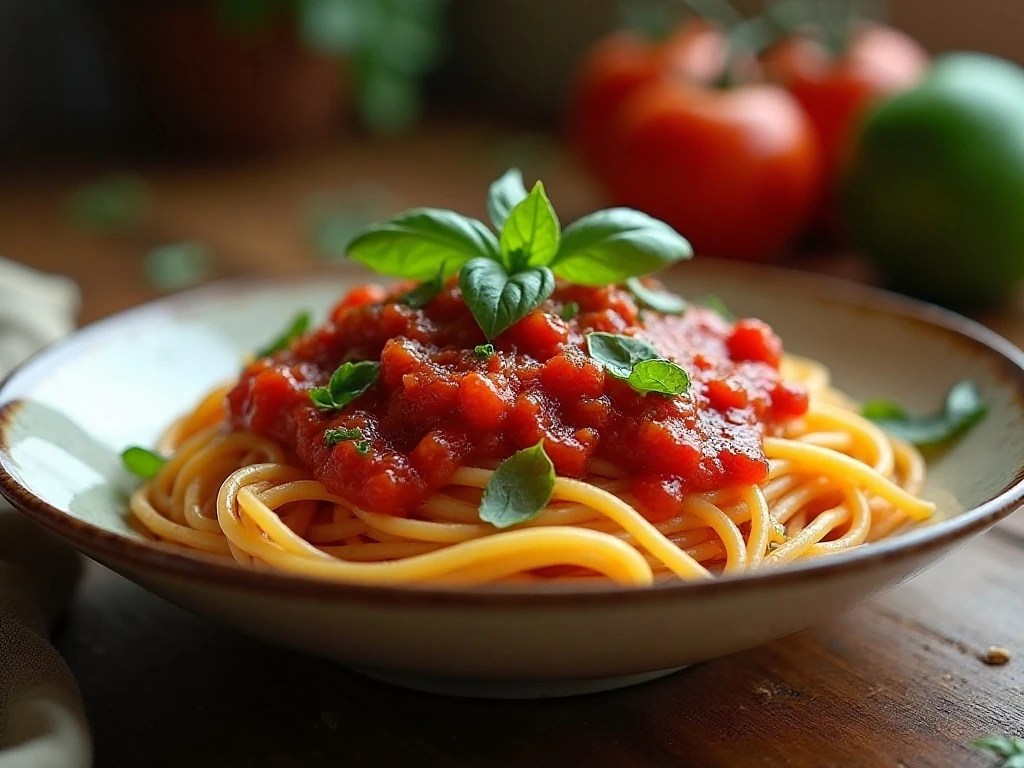 Spaghetti served with homemade Roma tomato sauce and fresh basil