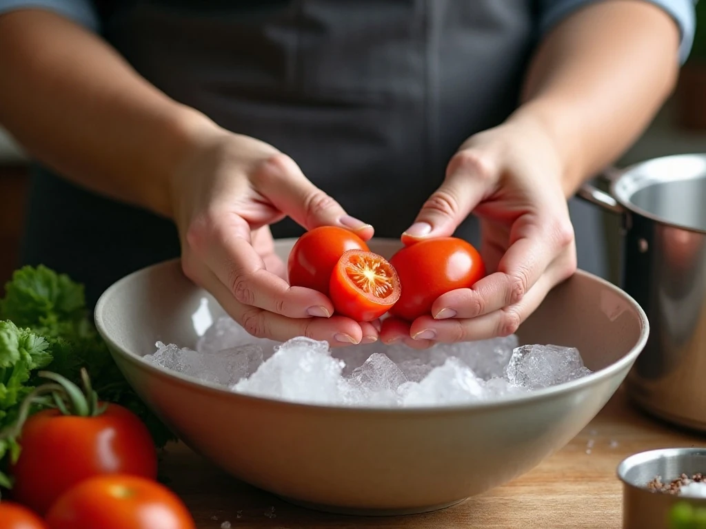 Peeling blanched Roma tomatoes for homemade sauce