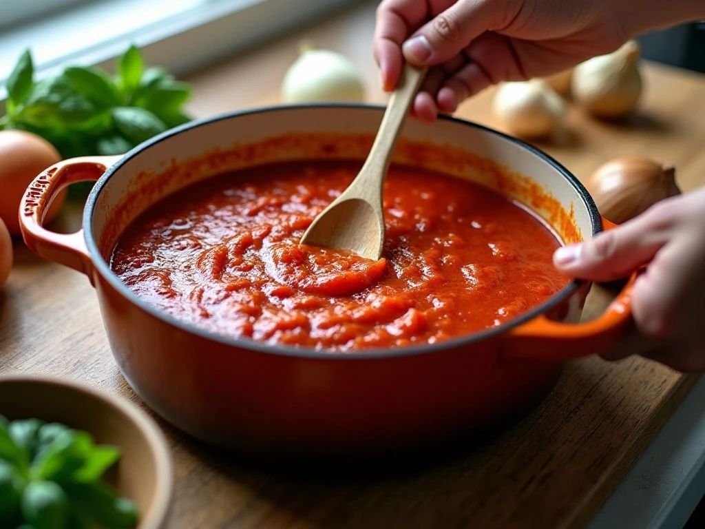 Roma tomato sauce simmering uncovered in a Dutch oven