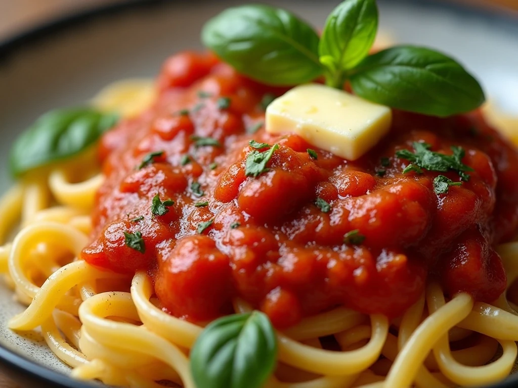 Thick basil-finished tomato sauce coating pasta