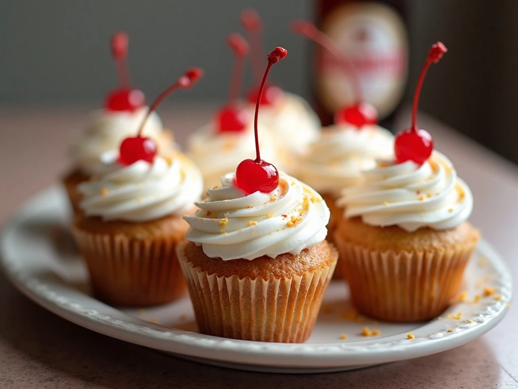 Root beer float cupcakes arranged on a serving platter