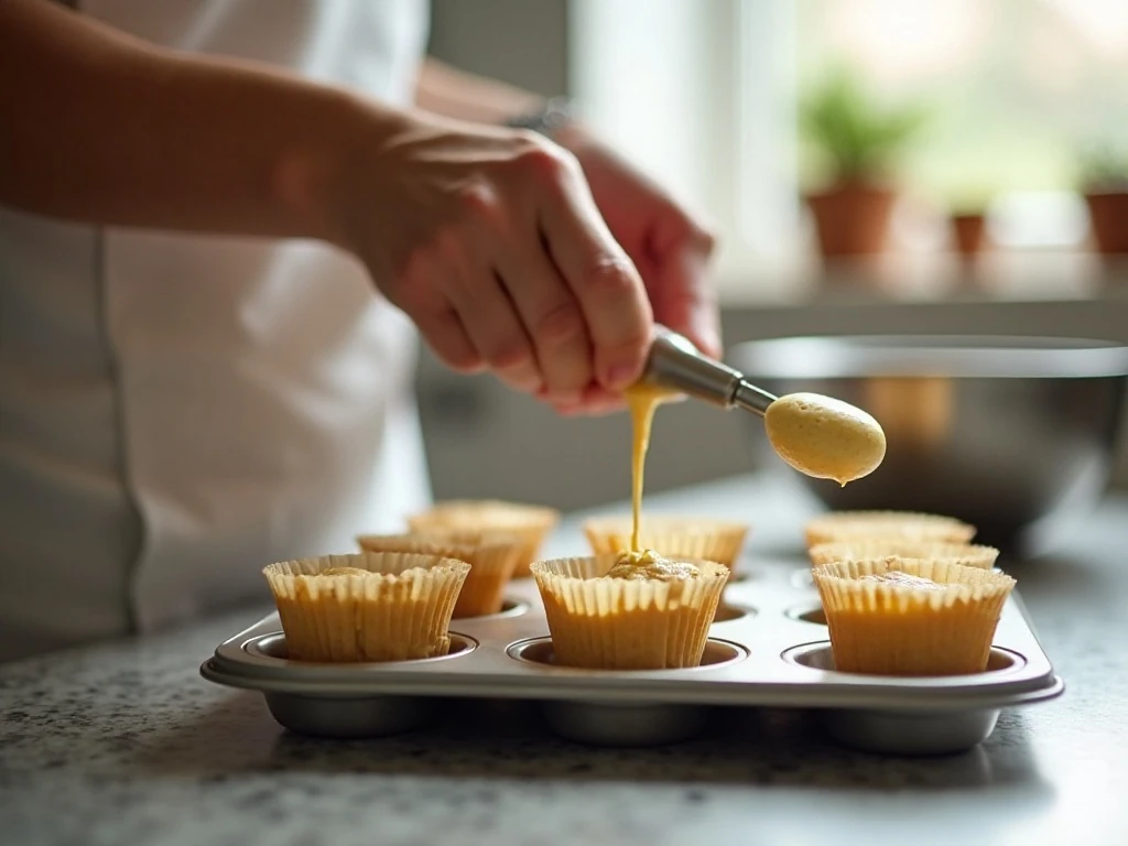 Root beer cupcake batter being added to paper liners