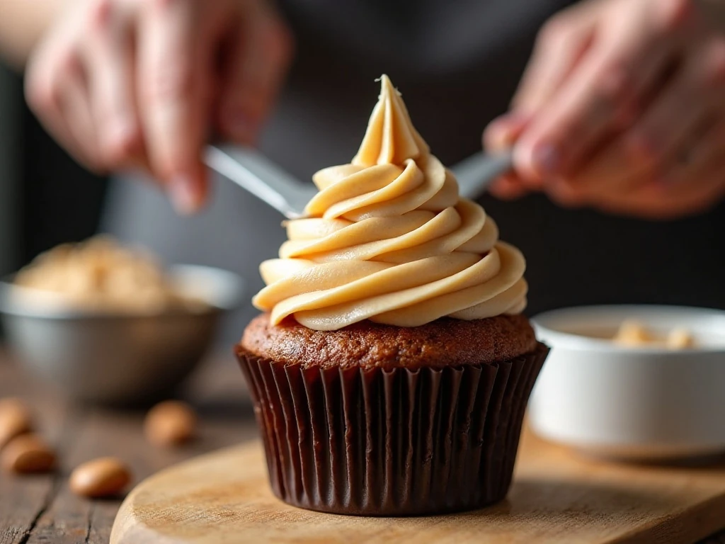 Frosting being spread on a cooled root beer cupcake
