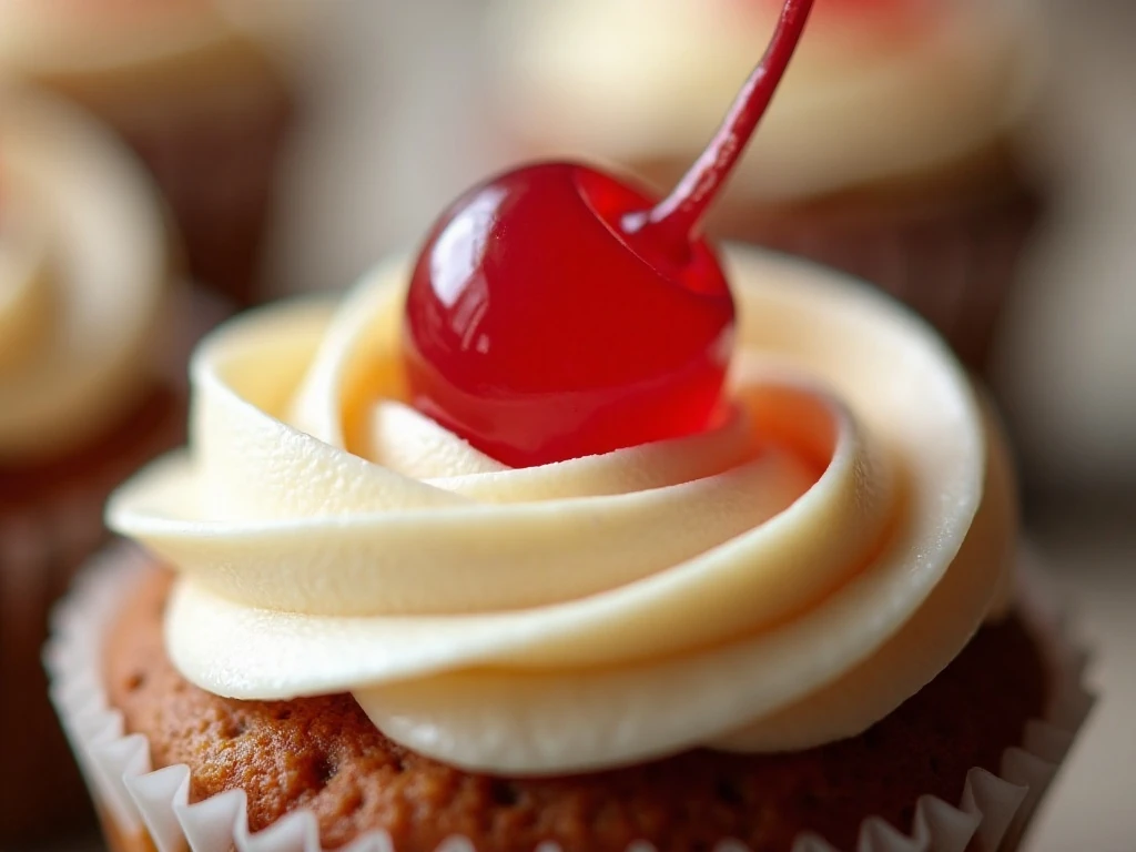 Maraschino cherry garnish on root beer float cupcake frosting