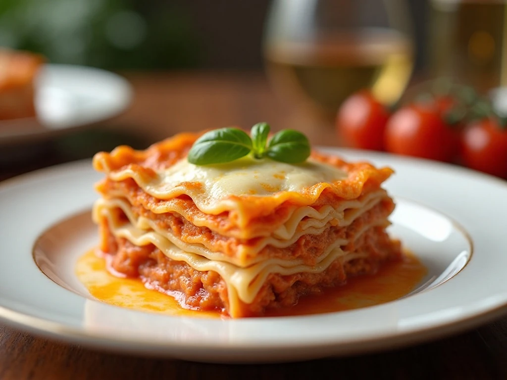 Slice of creamy rosa lasagna showing layers of meat sauce, ricotta, noodles, and mozzarella