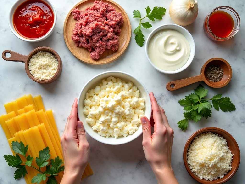 Ingredients for rosa lasagna arranged in a kitchen flat lay