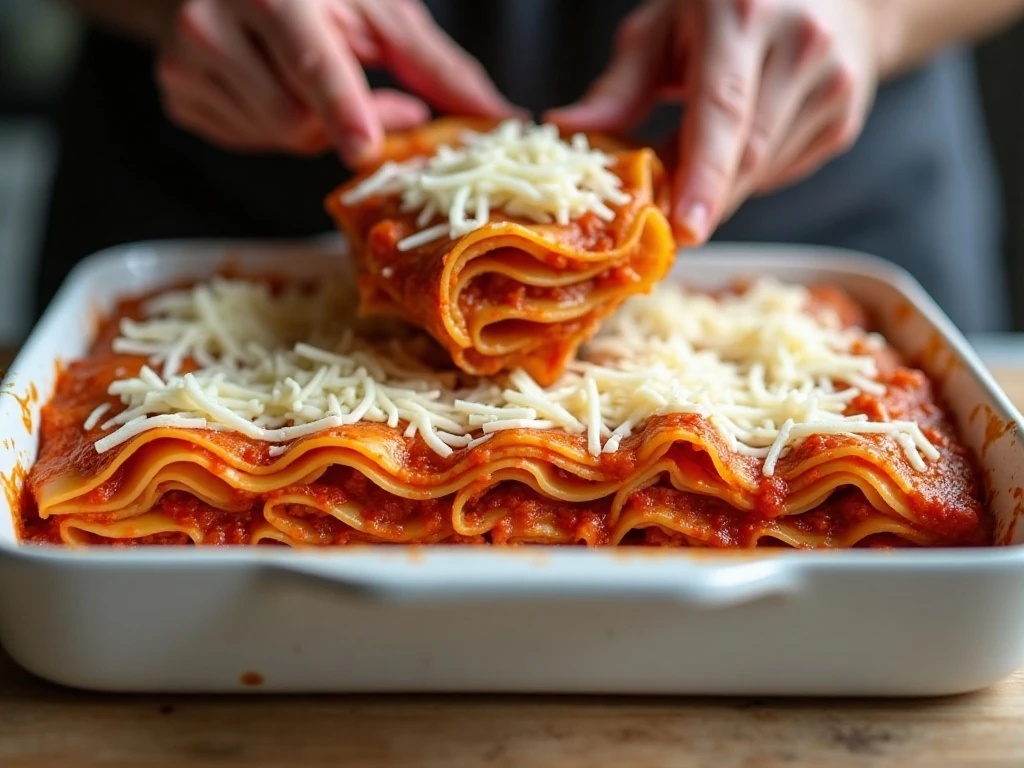 Assembling layers of pink sauce, ricotta, noodles, and mozzarella for rosa lasagna