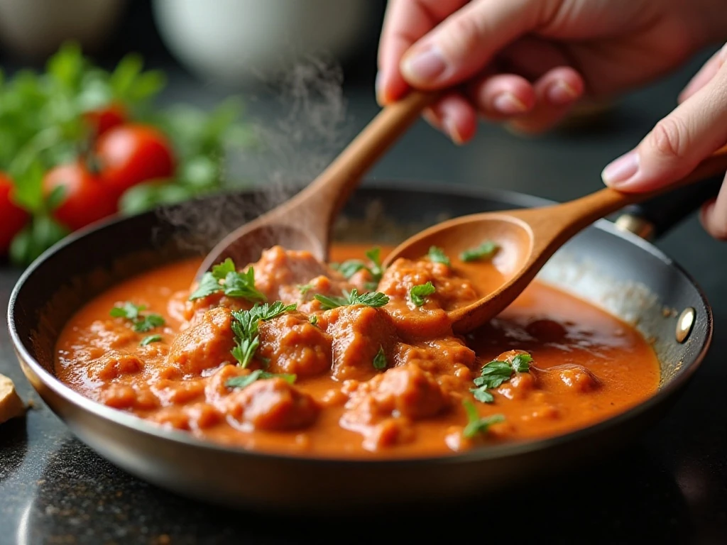 Creamy rosa meat sauce gently simmering in a skillet