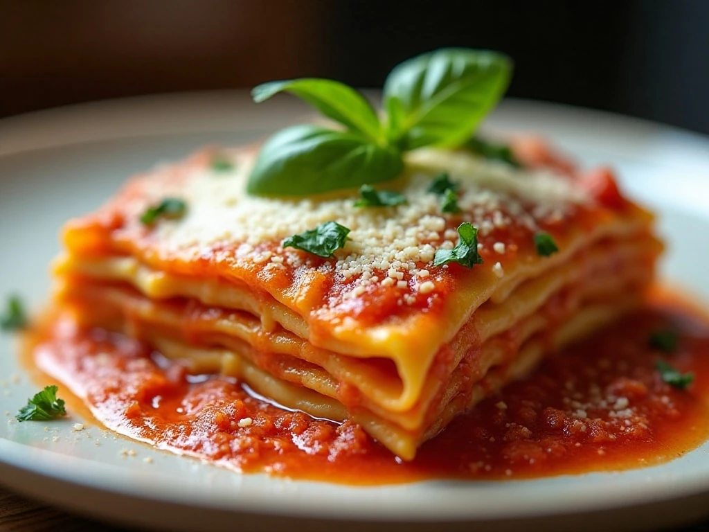 Rosa lasagna garnished with parsley and fresh basil