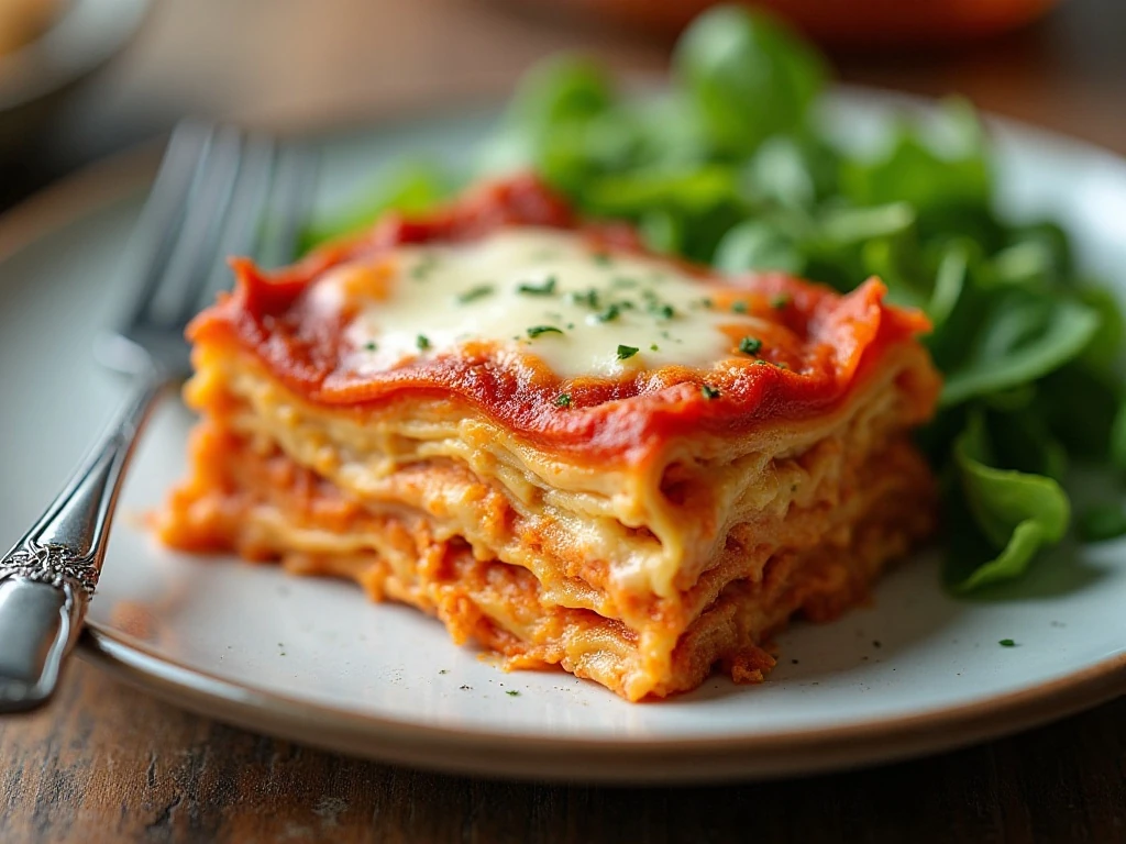Stored and reheated rosa lasagna portion ready to serve