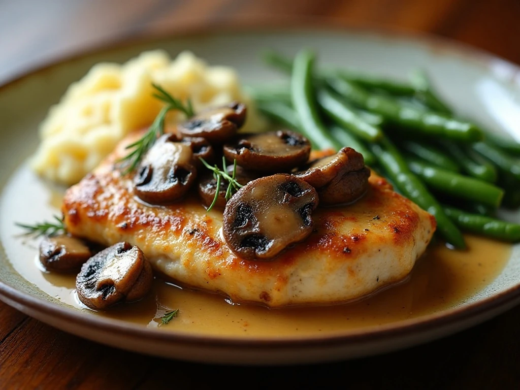 Rosemary chicken and portabella mushrooms served with mashed potatoes and green beans