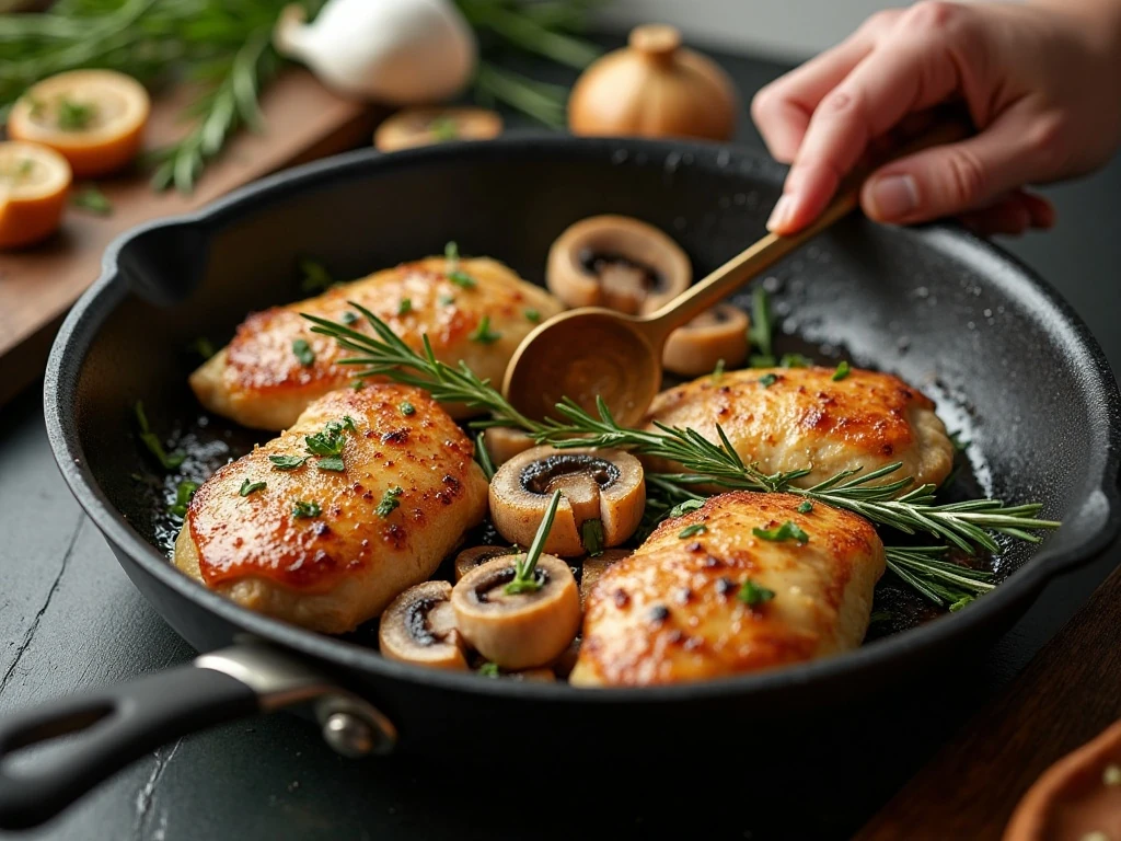 Chicken and mushrooms searing in a skillet