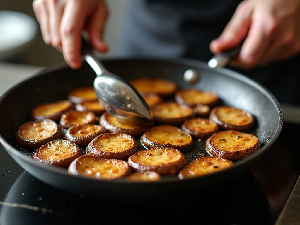 Portabella mushrooms browning in a skillet
