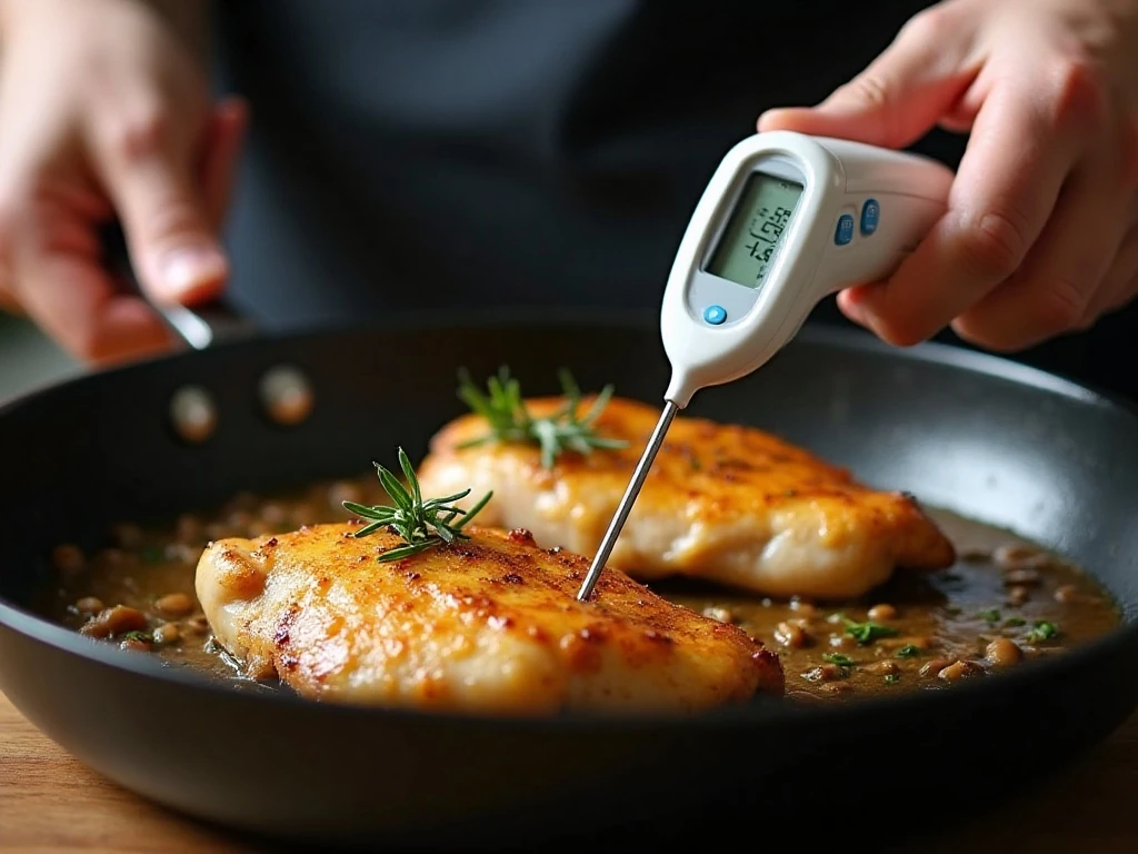 Thermometer checking the temperature of cooked chicken