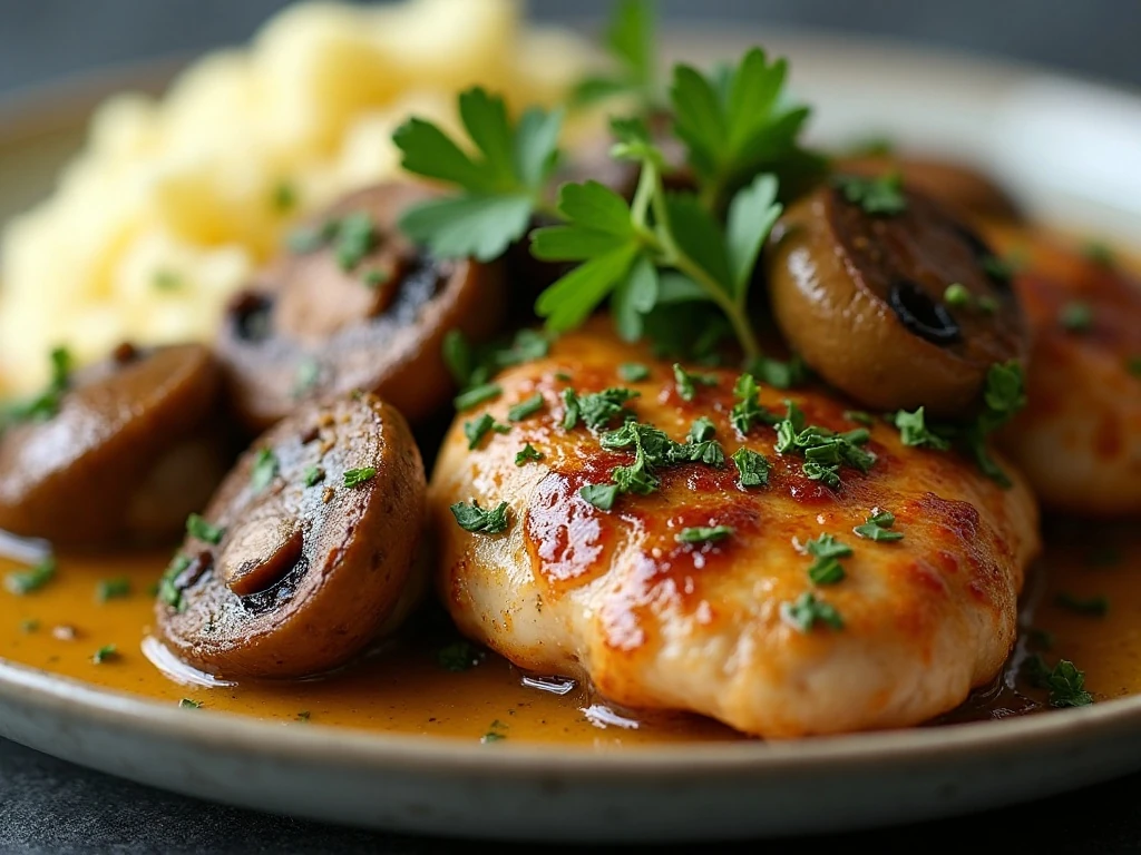 Parsley garnish on rosemary chicken with portabella mushrooms