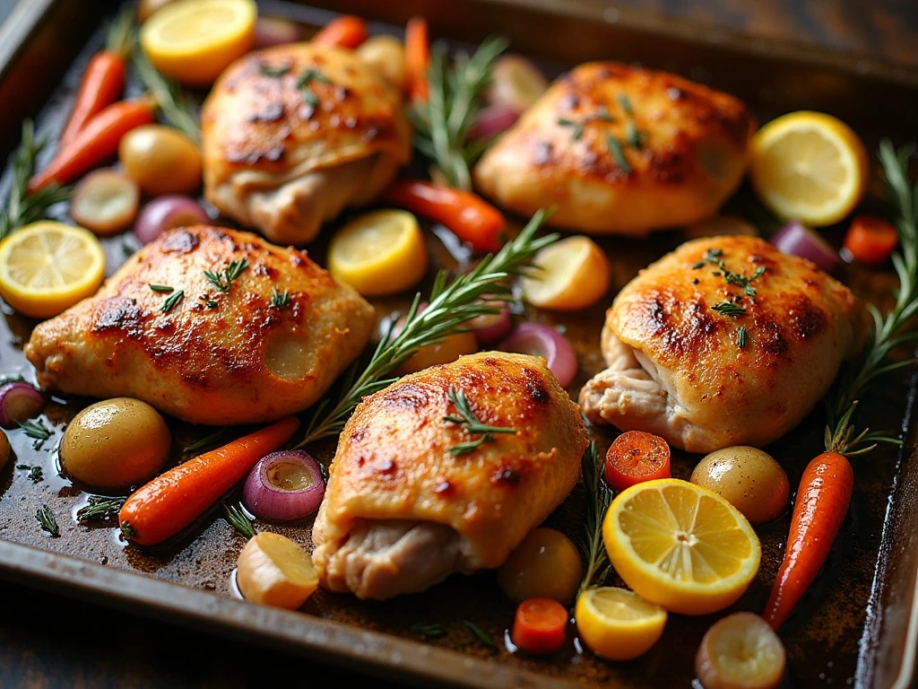 One-pan rosemary chicken with roasted potatoes, carrots, red onion, and lemon