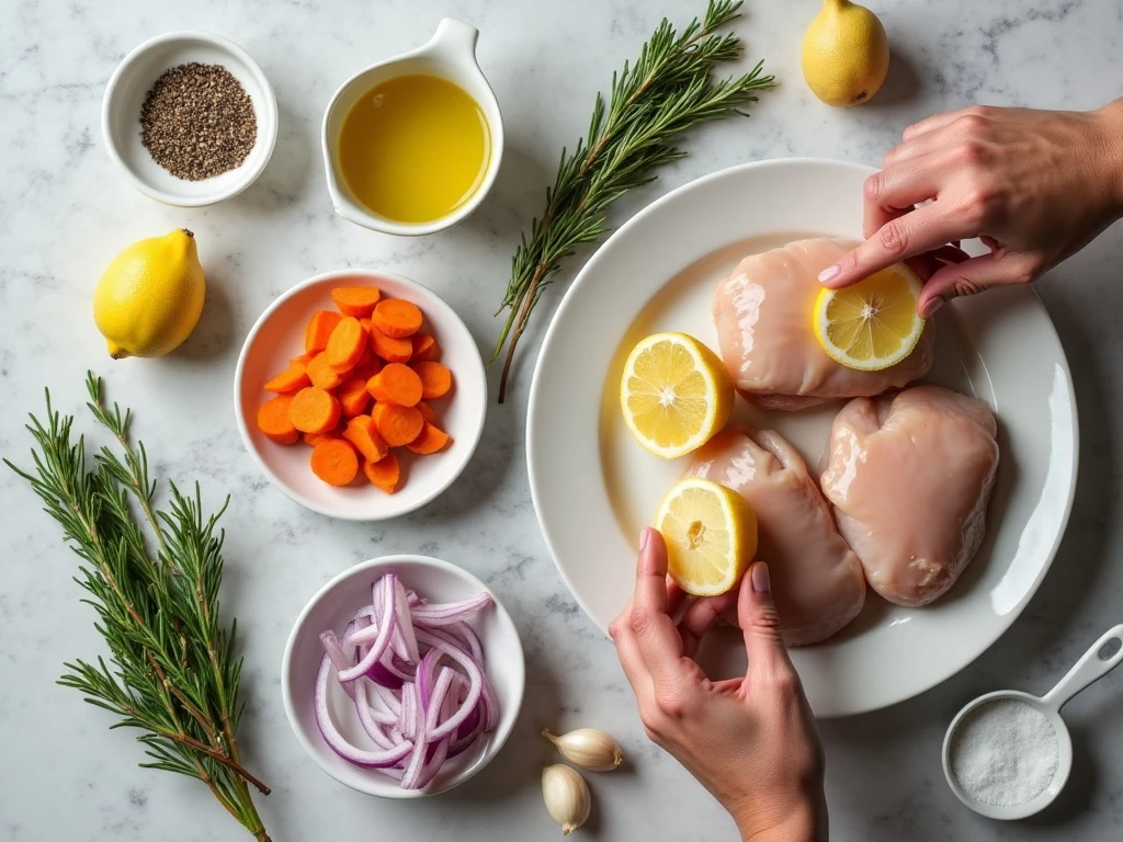 Ingredients for one-pan rosemary chicken with vegetables