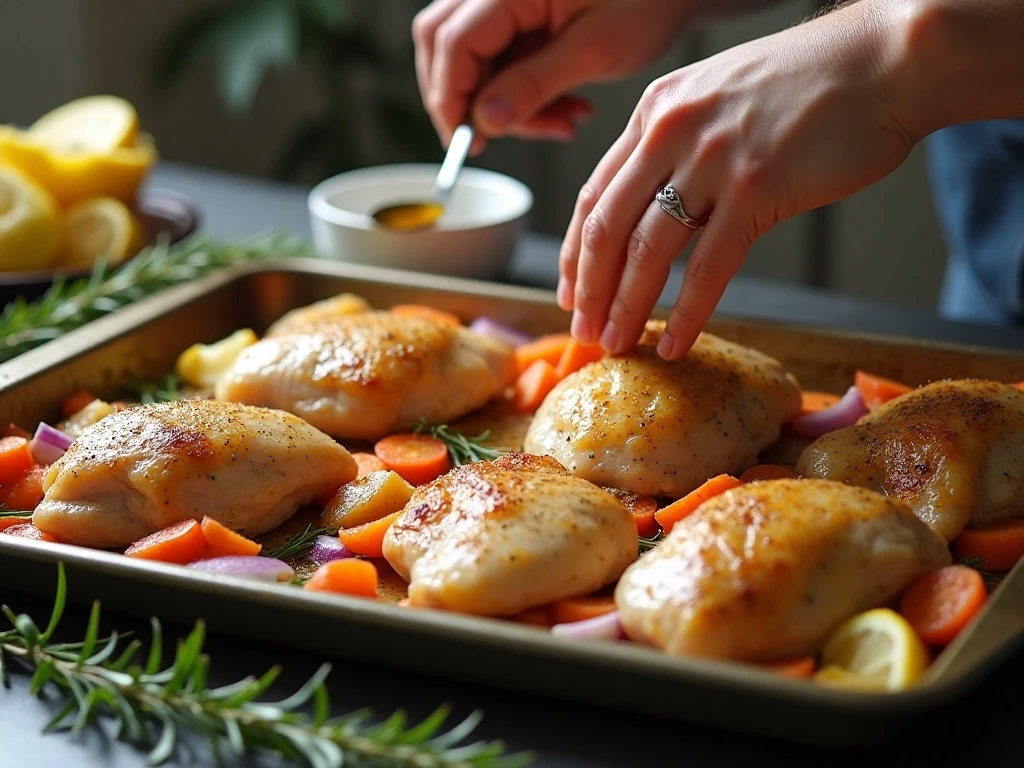 Chicken thighs arranged with vegetables on a sheet pan before roasting
