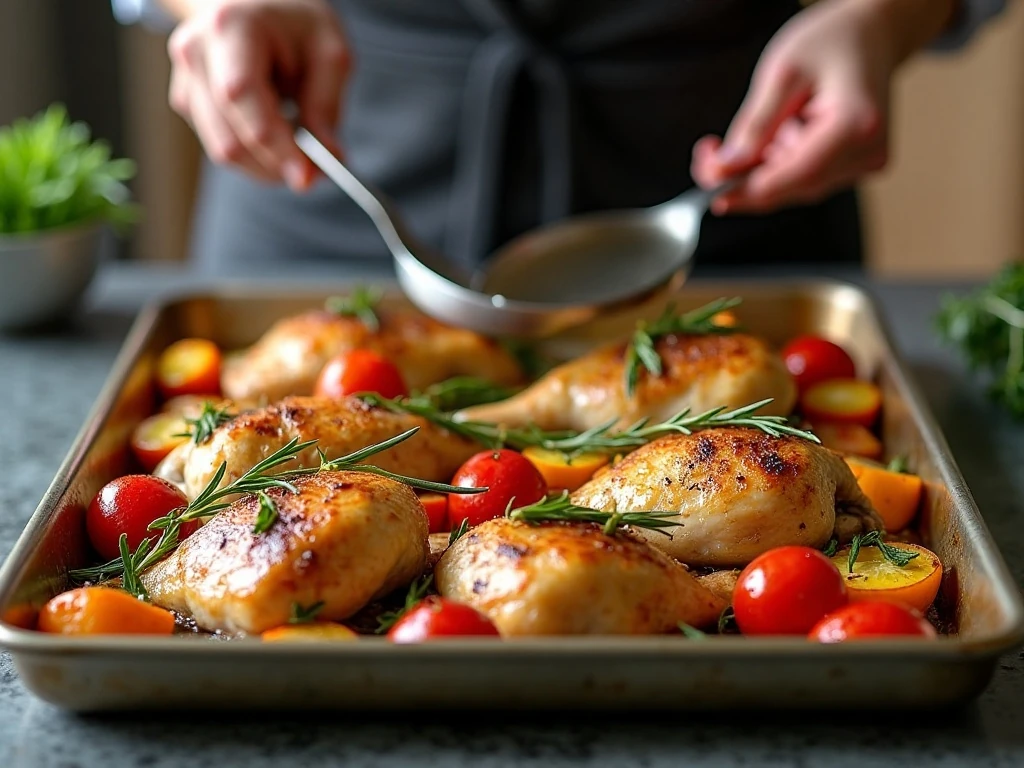 Chicken and vegetables spaced on a sheet pan for roasting