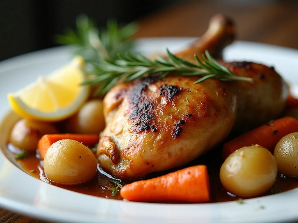 Close-up serving of rosemary chicken with roasted vegetables and lemon