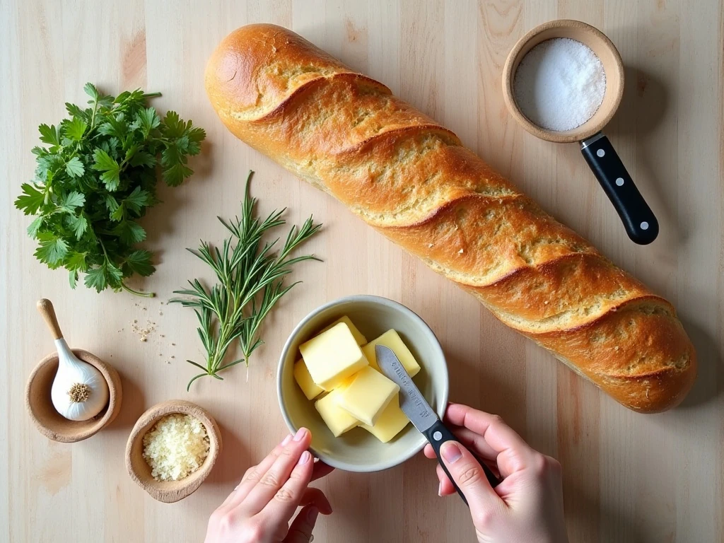Ingredients for rosemary garlic bread arranged on a work surface