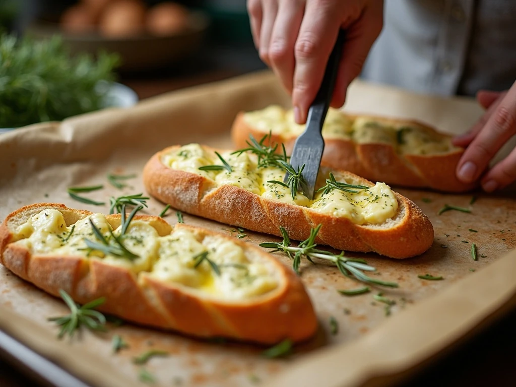 Spreading rosemary garlic butter between baguette slices