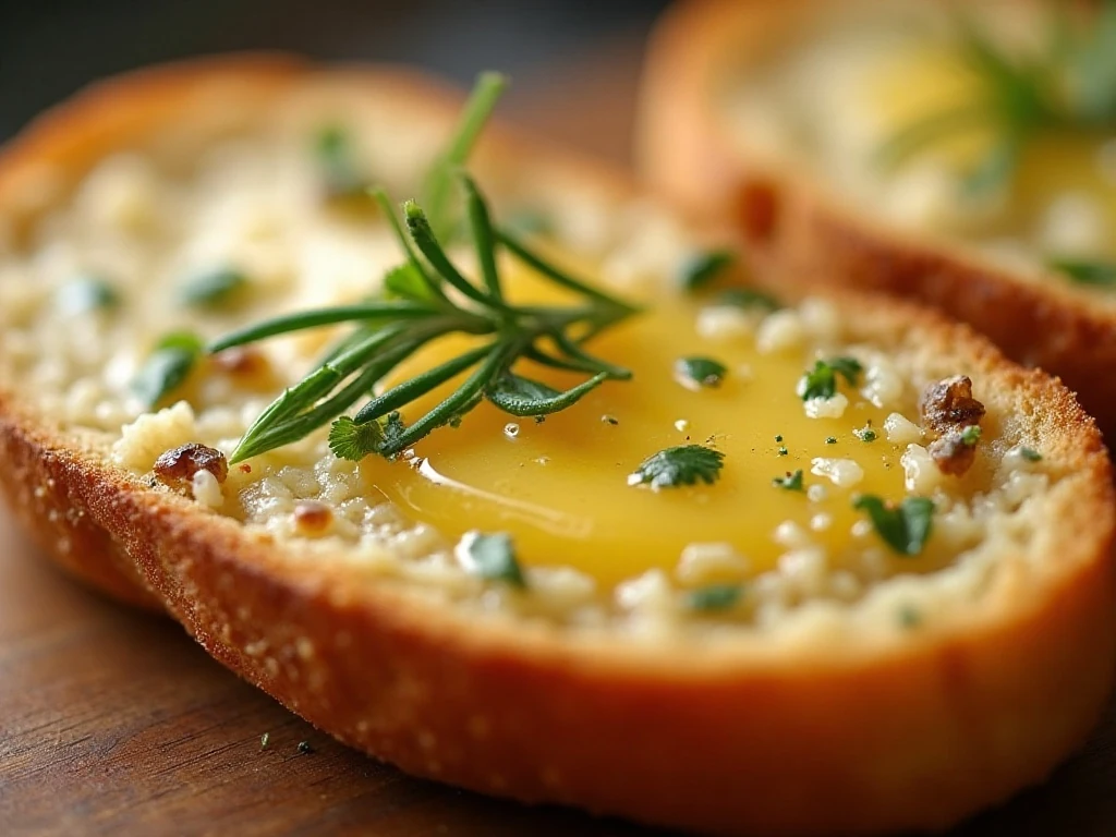 Close-up of crispy rosemary garlic bread with Parmesan