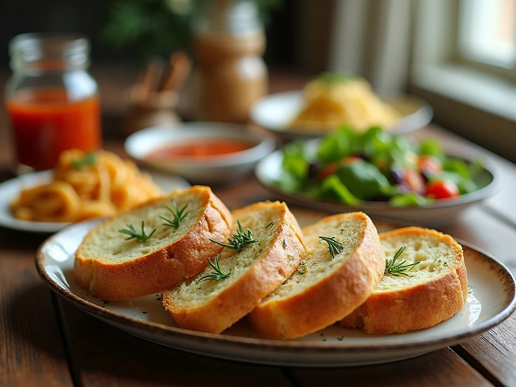 Rosemary garlic bread served with soup, pasta, and salad