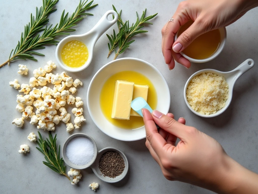 Ingredients for homemade rosemary Parmesan popcorn