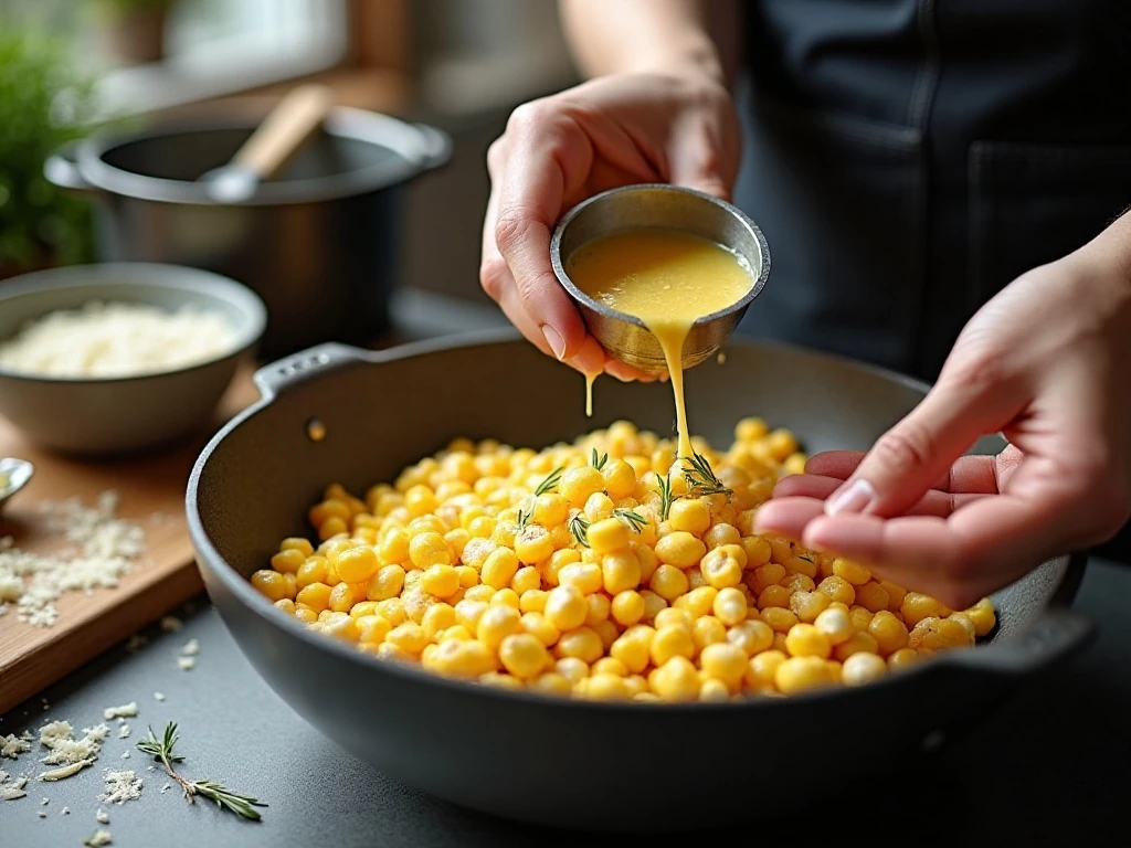 Tossing hot popcorn with rosemary butter and Parmesan