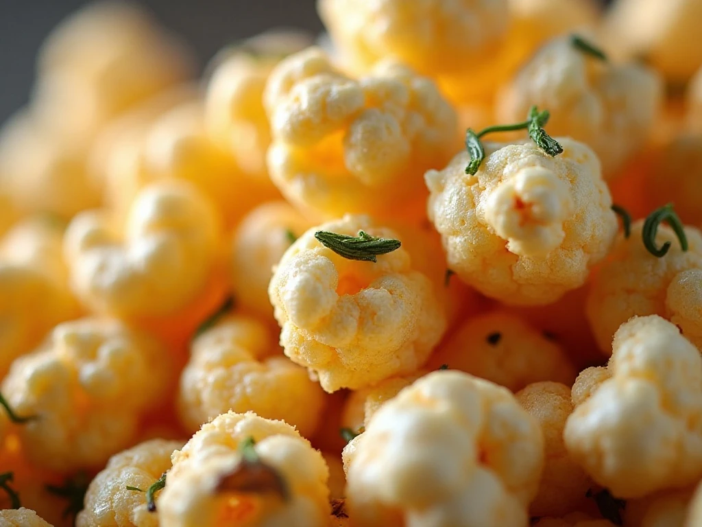 Close-up of Parmesan and rosemary coating on popcorn
