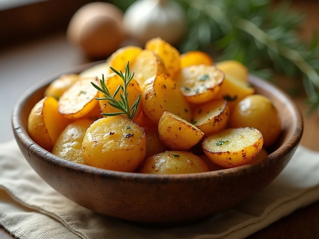 Crispy garlic rosemary roasted potatoes in a serving bowl