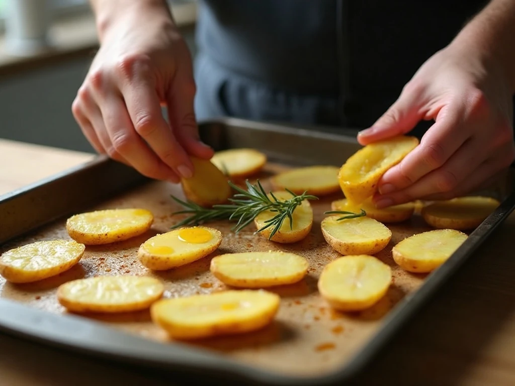 Potatoes arranged cut-side down on a baking sheet before roasting