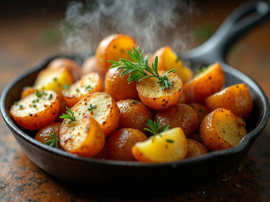 Crispy roasted potatoes reheated with fresh rosemary garnish