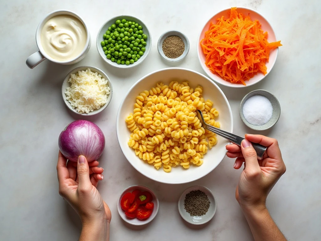 Ingredients for creamy ranch pasta salad