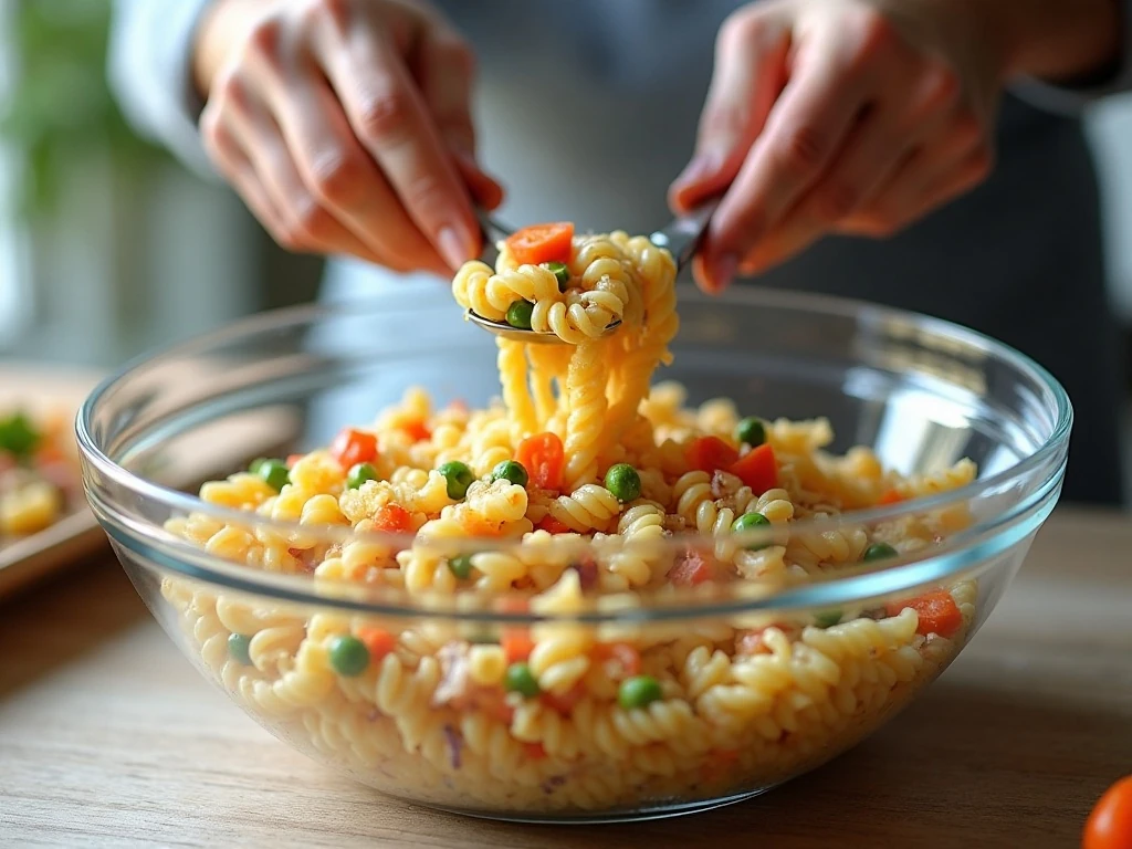 Mixing vegetables and ranch dressing into rotini pasta