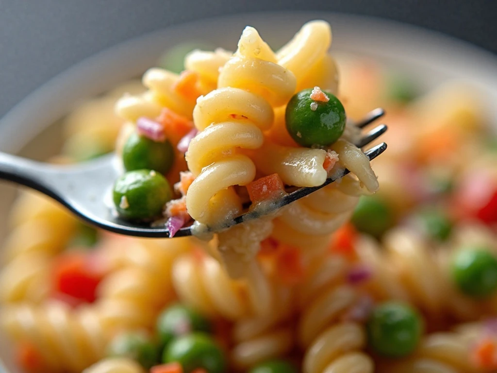 Close-up of ranch pasta salad texture and vegetables