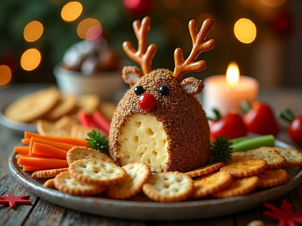 Rudolph-shaped cheese ball surrounded by crackers and vegetables at a Christmas party