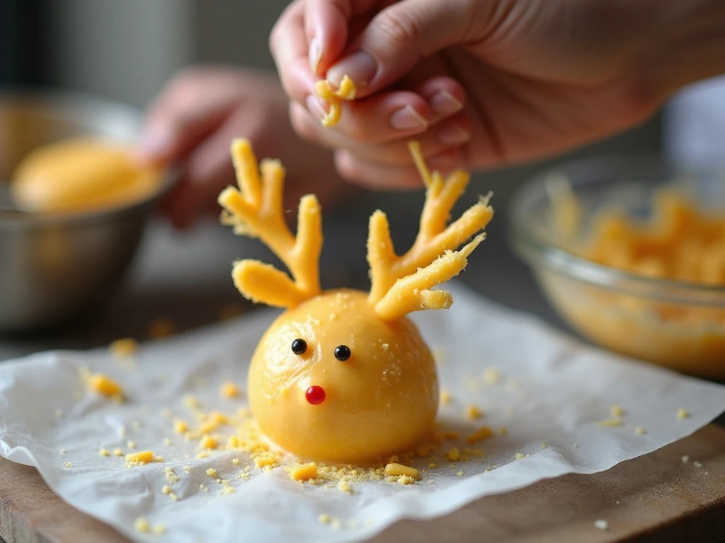 Shaping the cheese mixture for a Rudolph appetizer