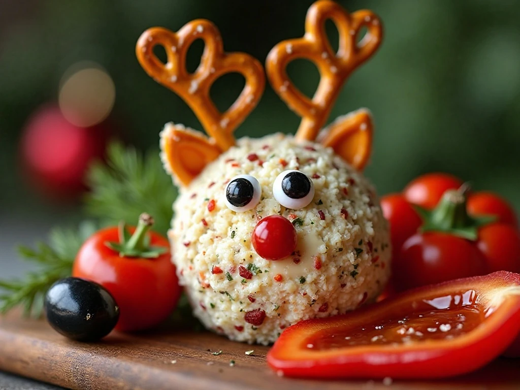 Pretzel antlers and red nose decorations for a Rudolph cheese ball