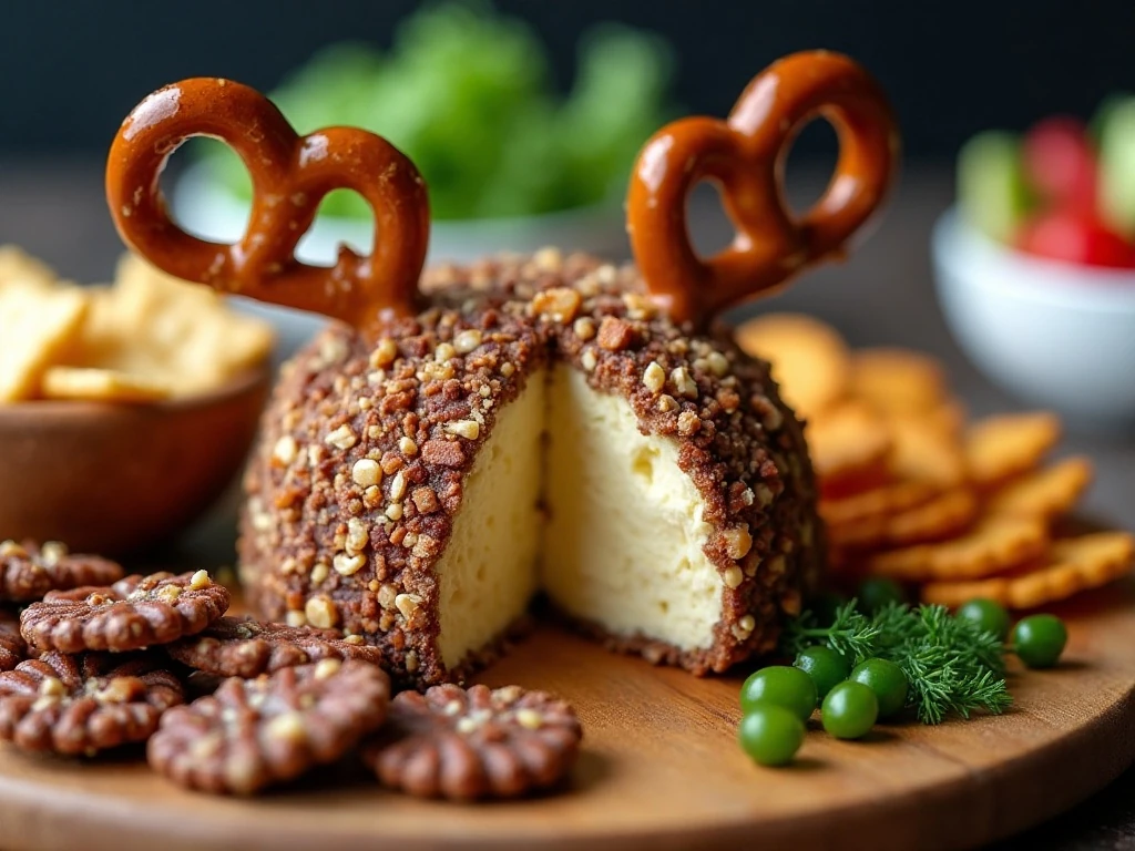 Pecan-coated cheese ball with crisp pretzel decorations