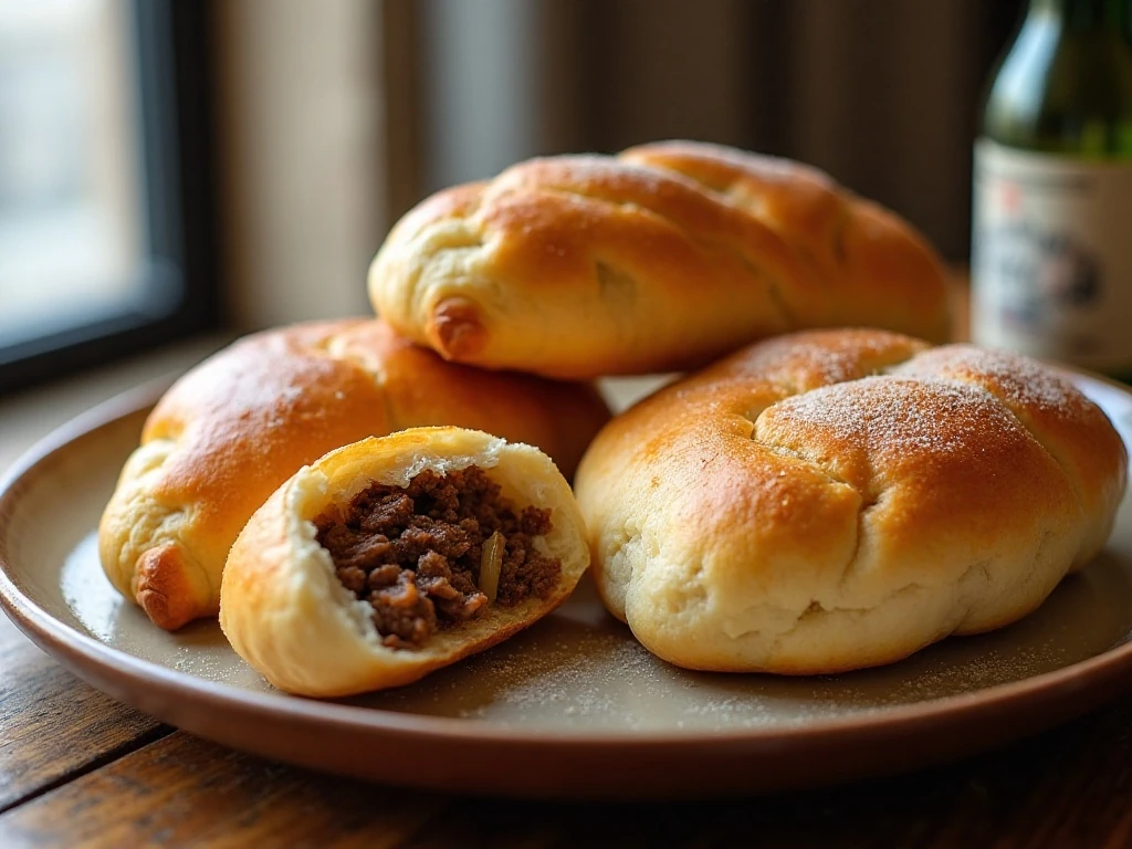 Golden Nebraska runzas filled with ground beef, cabbage, and onion