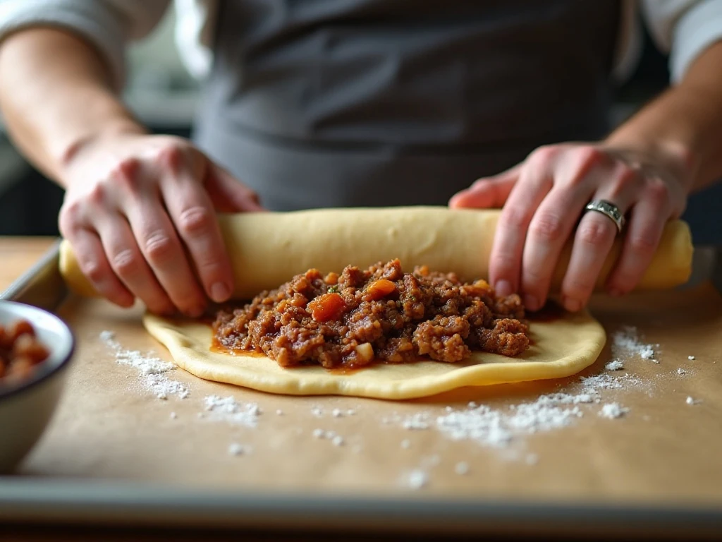 Rolling dough and filling homemade runzas