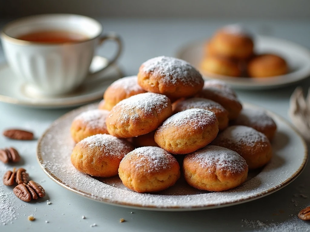 Buttery Russian tea cakes dusted with powdered sugar beside a cup of tea