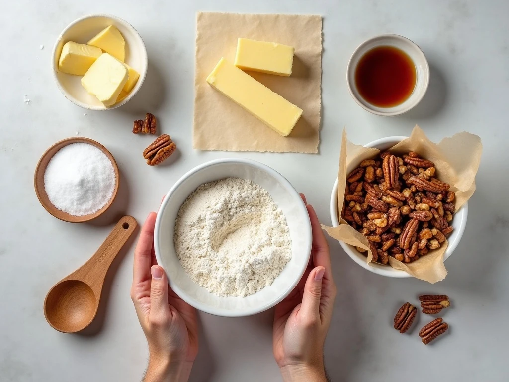 Ingredients for easy Russian tea cakes including butter, powdered sugar, flour, and pecans