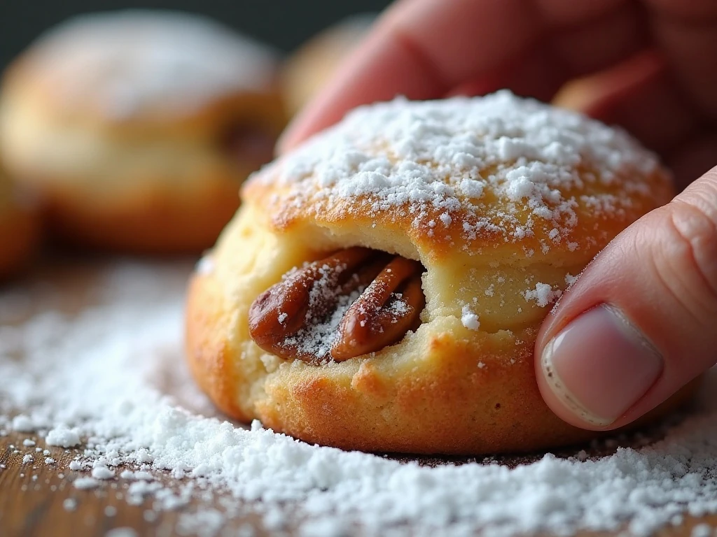 Russian tea cake coated in powdered sugar with finely chopped pecans