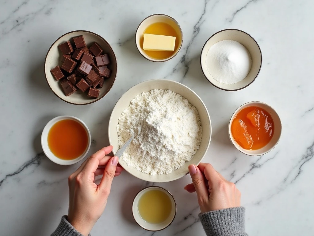 Ingredients for authentic Austrian Sacher-Torte with chocolate, apricot jam, eggs, butter, flour, and sugar